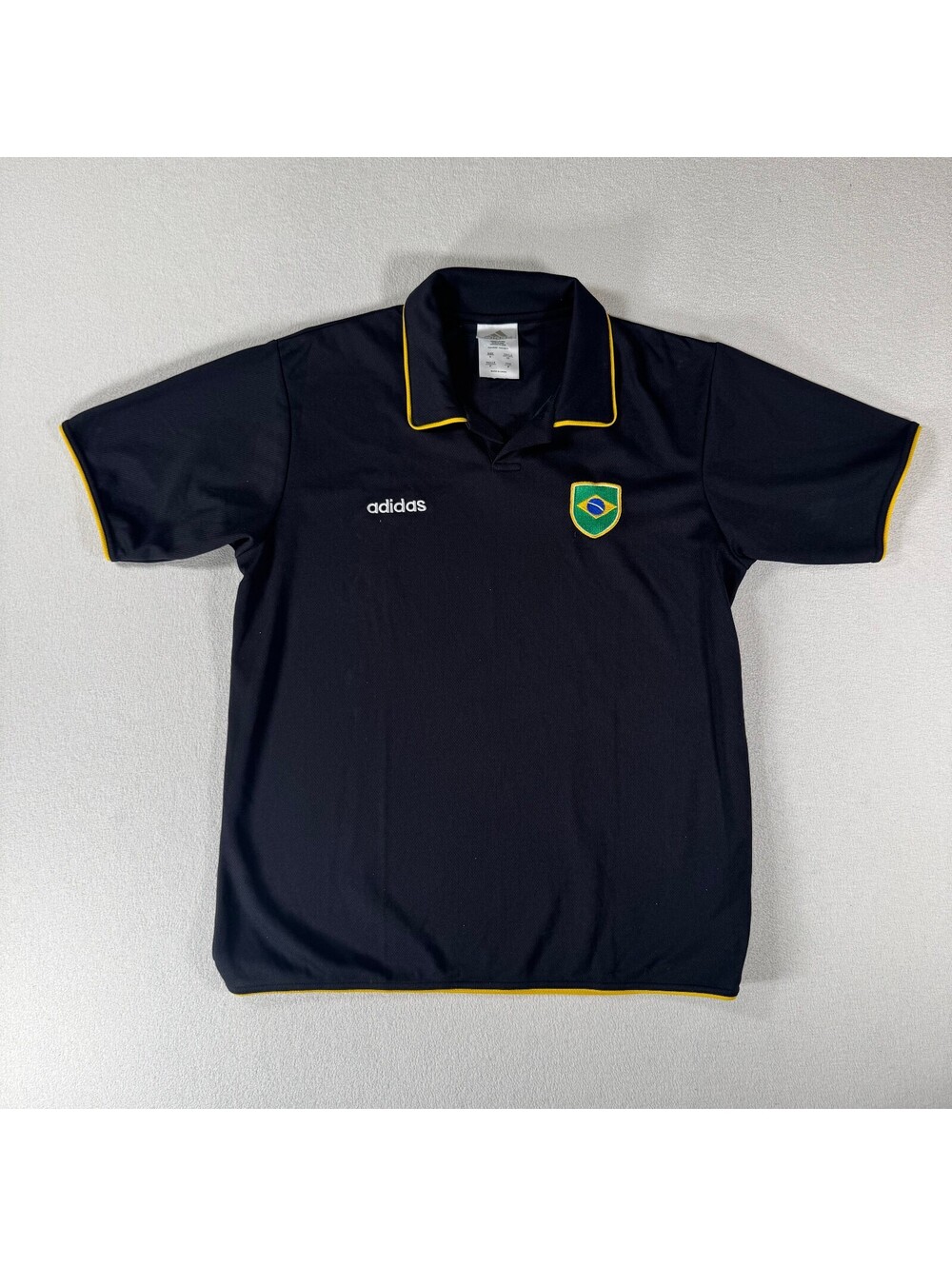 Vintage Adidas Brazil Black Polo Shirt with Yellow Trim Size S